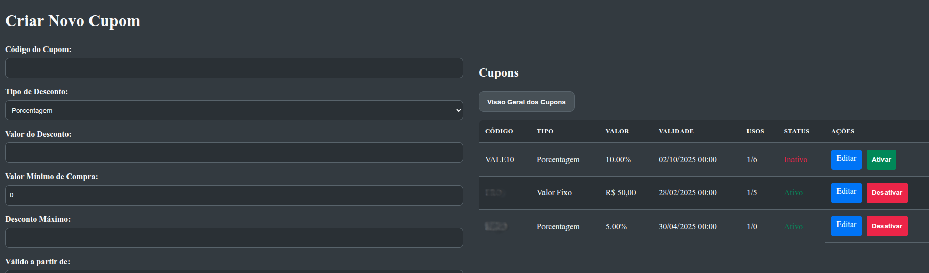 Tela de controle de cupons no modo escuro